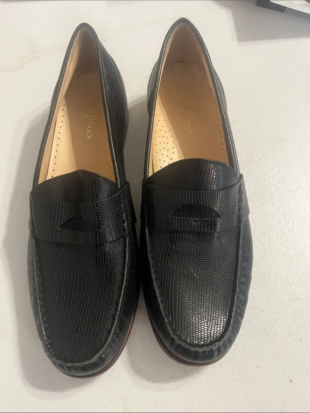 Cole Haan Black Lizard-Embossed Leather Penny Loafers